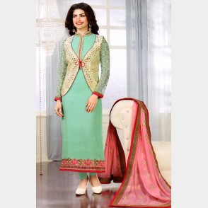 Vinay’s Shawal Kameez and attached koti (vest) in soft Georgette with high quality lucrative dupatta with quality metallic embroidery work